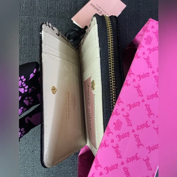 Juicy Couture Black Faux Leather Gold Bifold Beaded Heart Wallet Zipper NEW NWT - Picture 9 of 14